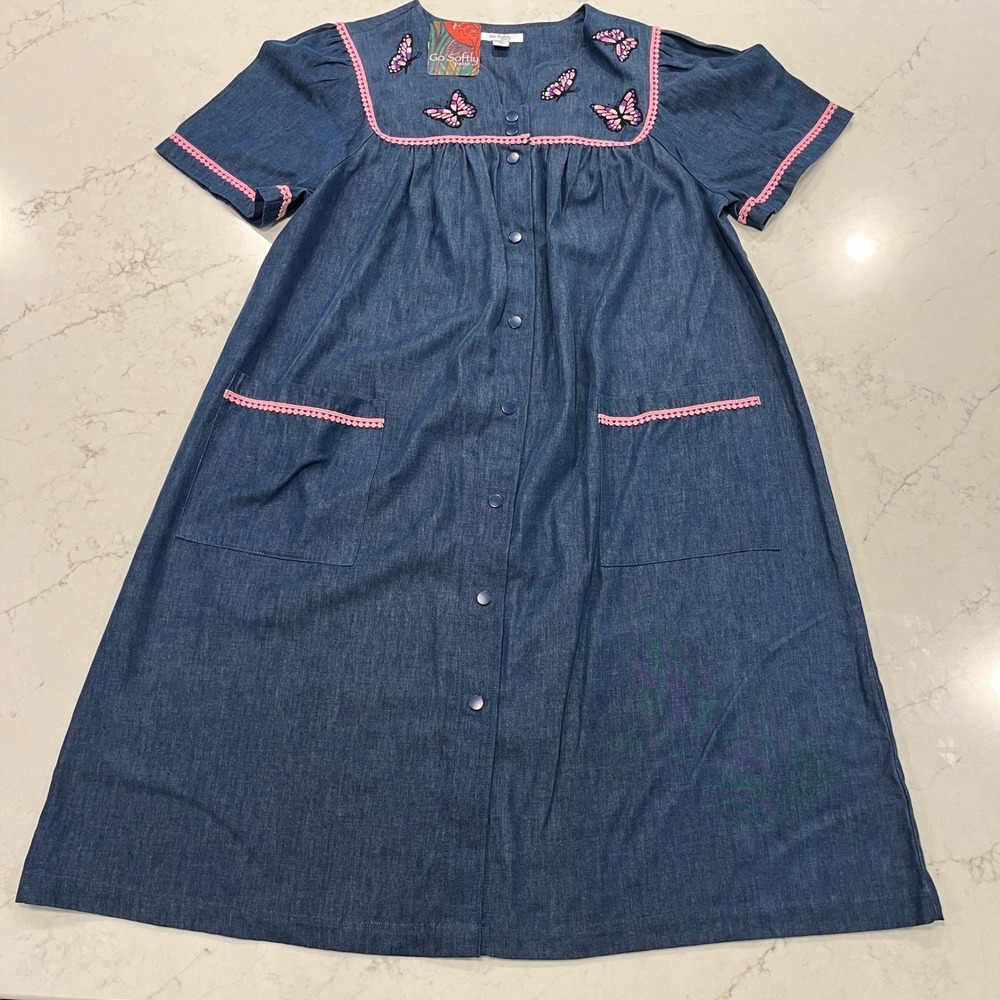 Go Softly NEW Cotton Chambray Patio House Dress L Muumuu Embroidered Butterfly